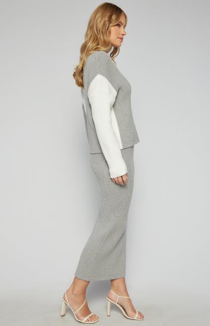Contrast Blocking Knit Set with Jumper and Midi Skirt